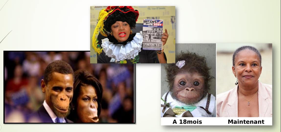 Gedokterde foto's waarin Shepherd als zwarte Piet werd uitgebeeld en de Obama’s en de voormalig Franse Minister van Justitie Christiane Taubira -die werd geboren in Frans Guyana- als apen. Gedokterde foto's waarin Shepherd als zwarte Piet werd uitgebeeld en de Obama’s en de voormalig Franse Minister van Justitie Christiane Taubira -die werd geboren in Frans Guyana- als apen.