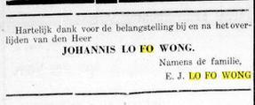 Overlijdensbericht Johannis Lo Fo Wong