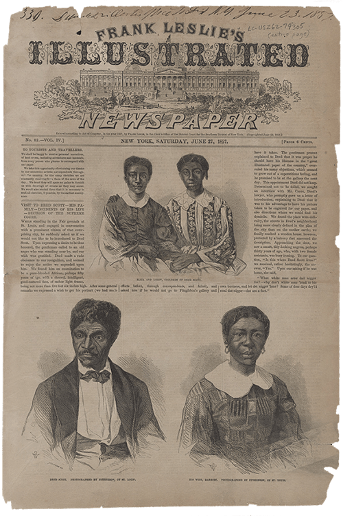 Geïllustreerde portretten van Dred Scott, zijn vrouw Harriet en hun kinderen, Eliza en Lizzie. Library of Congress
