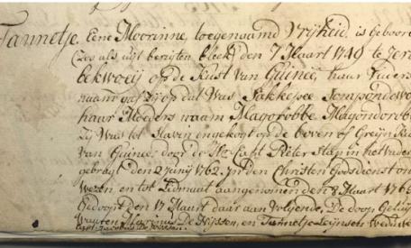 Inschrijving van de doop van Tannetje Vrijheid. Zeeuws Archief, Archief Hervormde Gemeente Grijpskerke, inv.nr 30, p. 2.